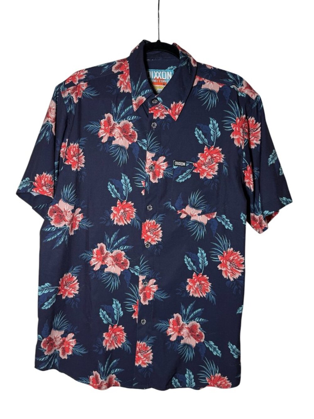 DIXXON The Cayman Floral Button Down Shirt Short Sleeve Size L Navy Tropical